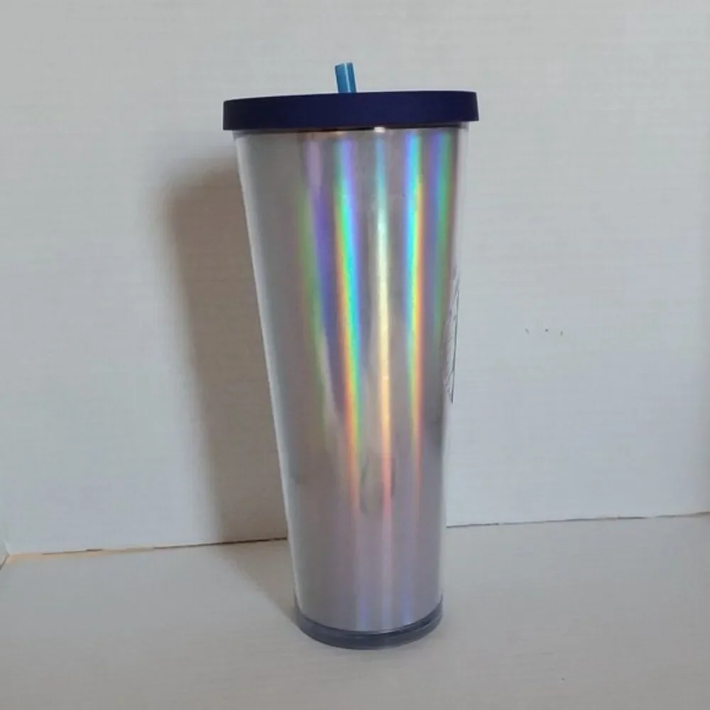 Starbucks Rainbow Iridescent Travel Tumbler Cold Cup 2015 Venti 24 Oz Blue
